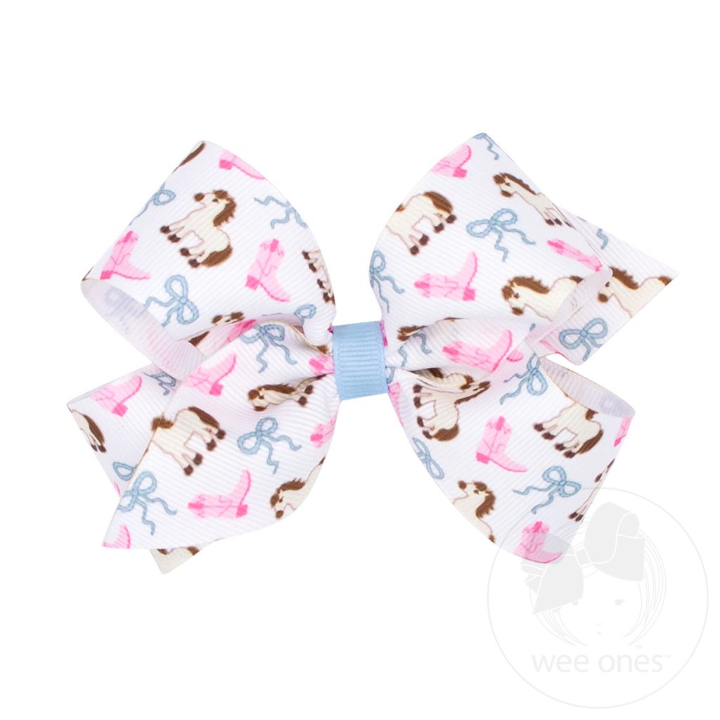 Medium Cowgirl Boots Bows and Pony Print Grosgrain Hair Bow - HORSE