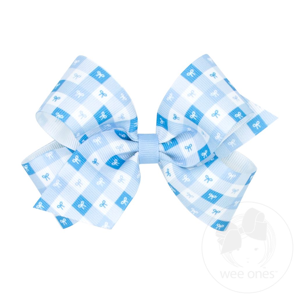 Medium Millenium Blue Gingham Bows Print Grosgrain Hair Bow - MILLENNIUM BLUE
