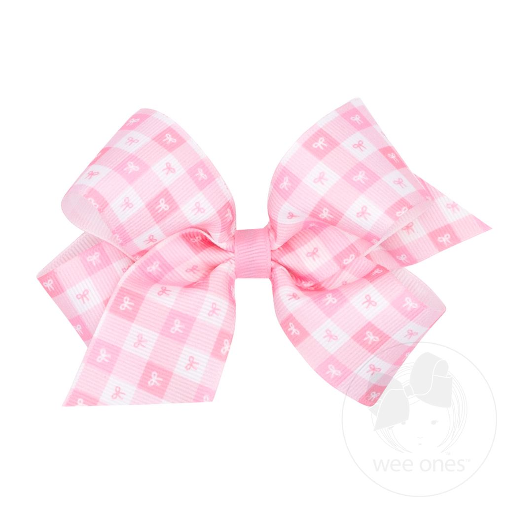 Medium Pearl Pink Gingham Bows Print Grosgrain Hair Bow - PEARL