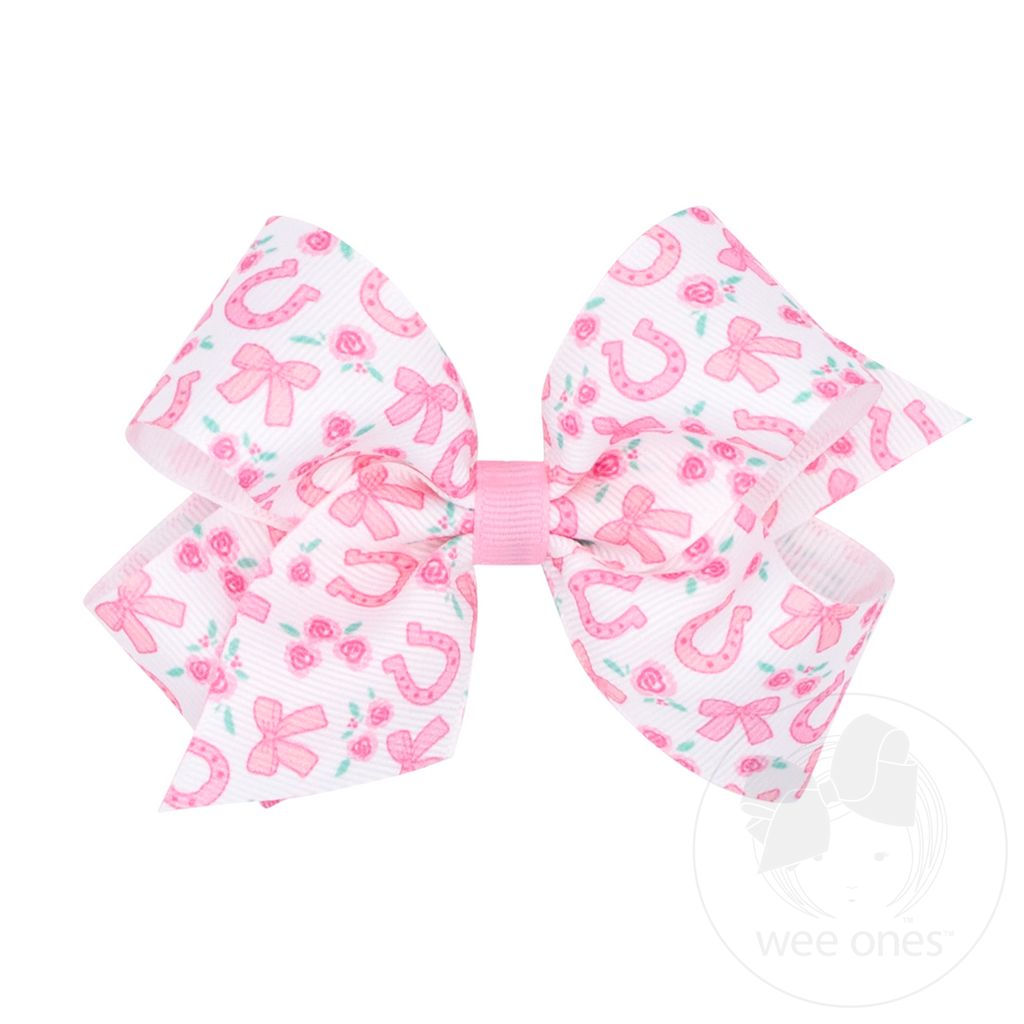 Medium Lucky Horseshoes and Roses Print Grosgrain Hair Bow - ROSE