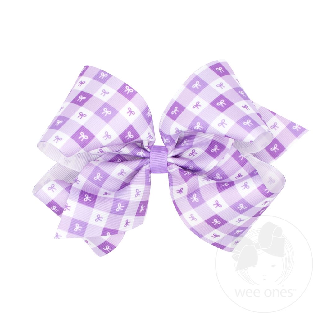 King Light Orchid Gingham Bows Print Grosgrain Hair Bow - LT ORCHID