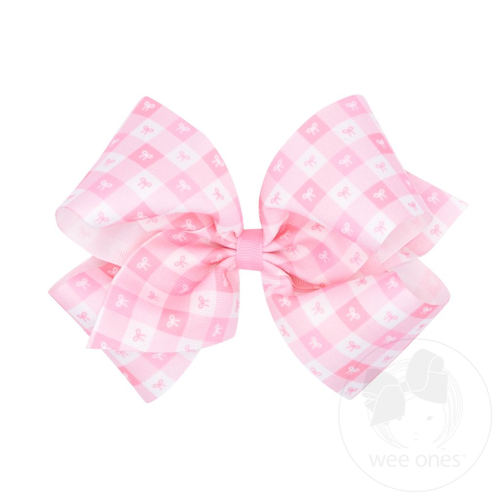 King Pearl Pink Gingham Bows Print Grosgrain Hair Bow - PEARL