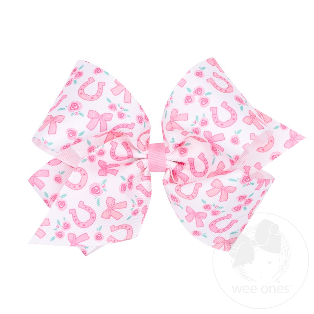 King Lucky Horseshoes and Roses Print Grosgrain Hair Bow - ROSE