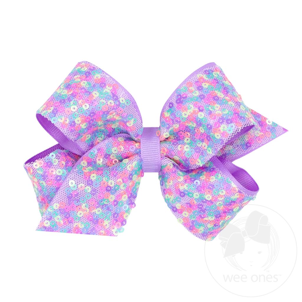 Medium Confetti Sequin with Grosgrain Underlay Hair Bow - LT ORCHID