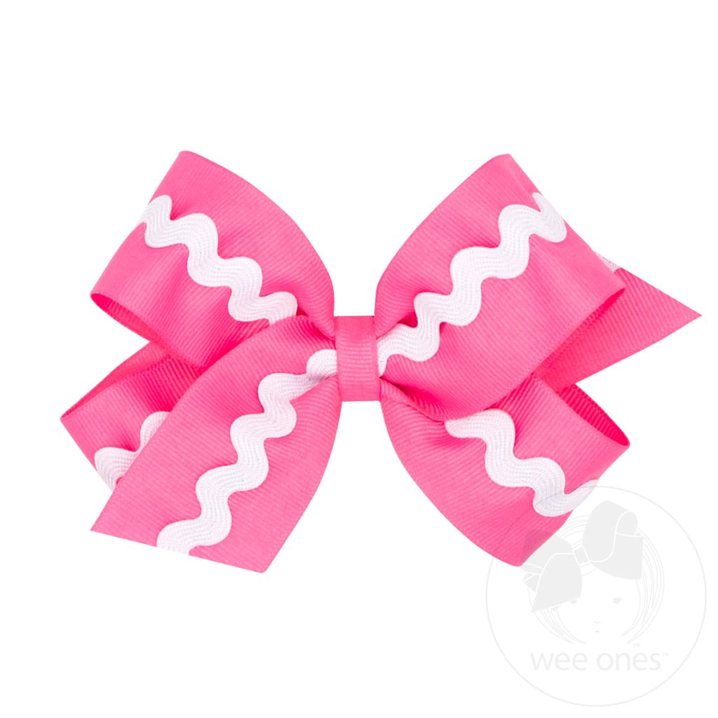 Medium Grosgrain with Ric-Rac Trim Hair Bow - HOT PINK