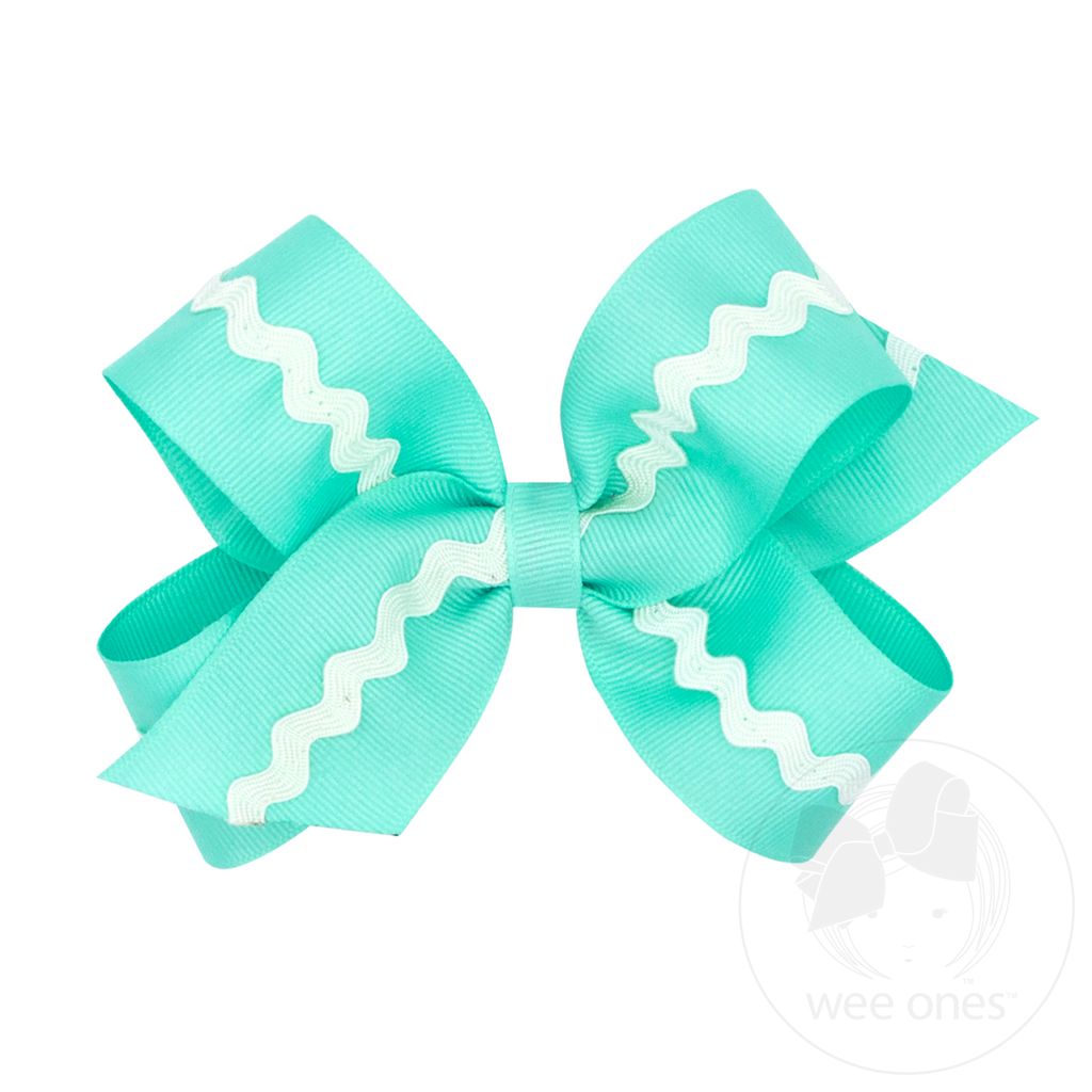 Medium Grosgrain with Ric-Rac Trim Hair Bow - NEW AQUA