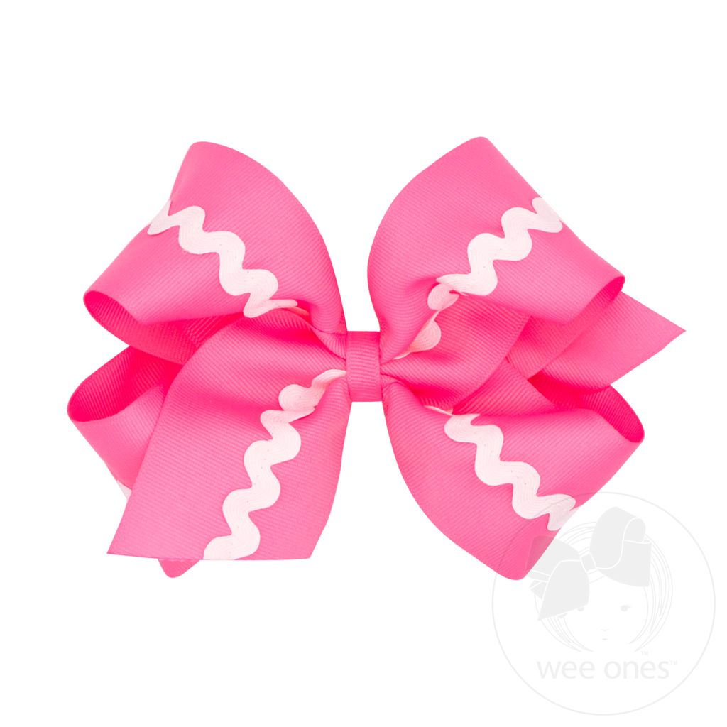 King Grosgrain with Ric-Rac Trim Hair Bow - HOT PINK