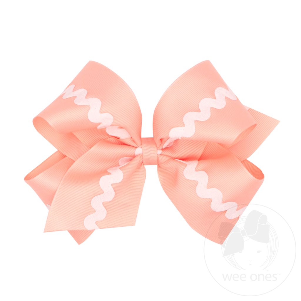 King Grosgrain with Ric-Rac Trim Hair Bow - LT CORAL