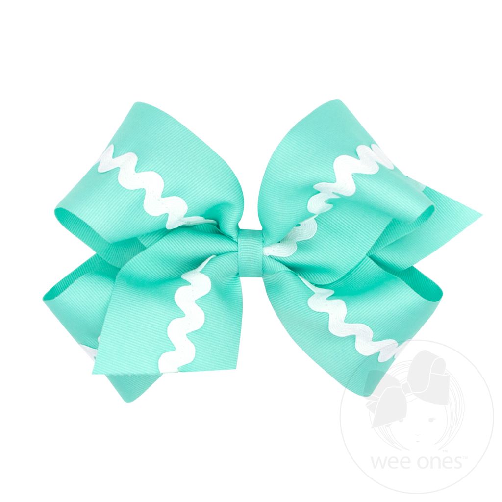 King Grosgrain with Ric-Rac Trim Hair Bow - NEW AQUA