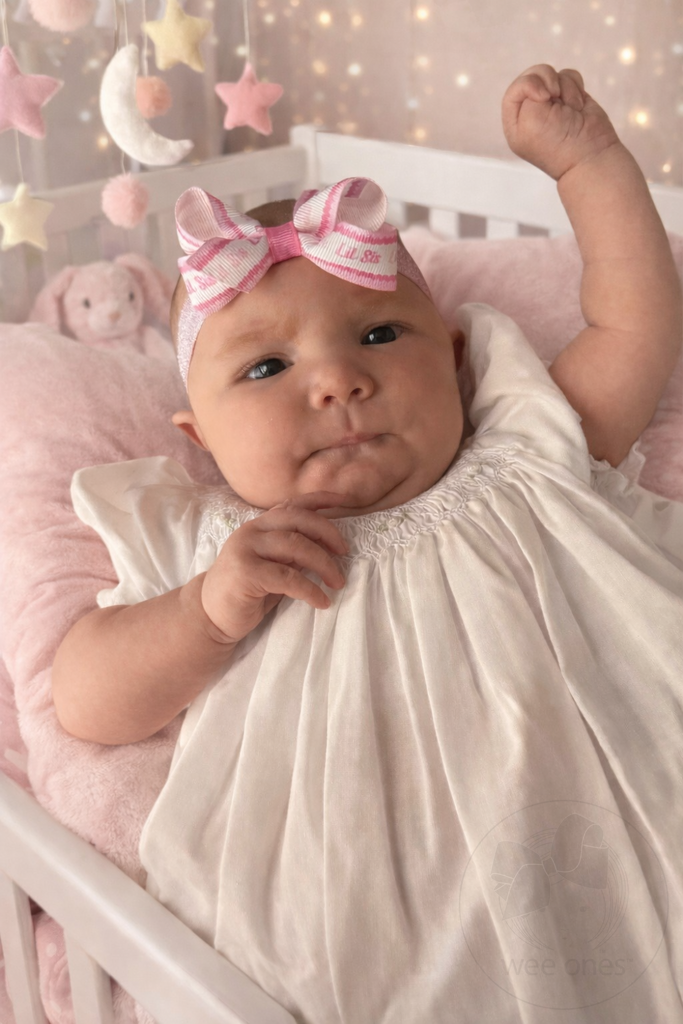 Mini Lil Sis Print Grosgrain Hair Bow on Metallic Baby Band