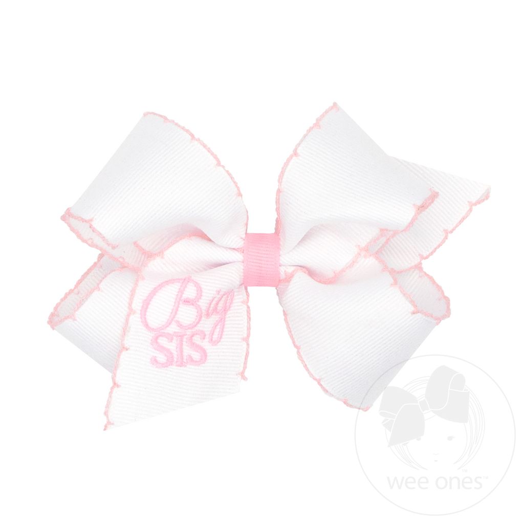 Medium Grosgrain Hair Bow with Light Pink Moonstitch Edge and Big Sis Embroidery - BIG