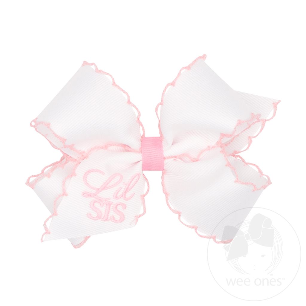 Medium Grosgrain Hair Bow with Light Pink Moonstitch Edge and Lil Sis Embroidery - LITTLE