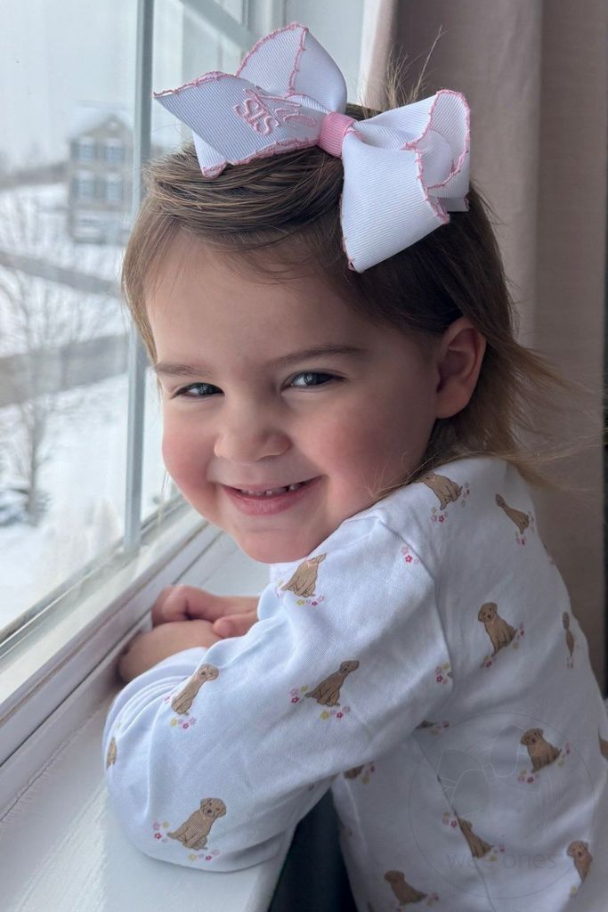 Medium Grosgrain Hair Bow with Light Pink Moonstitch Edge and Lil Sis Embroidery