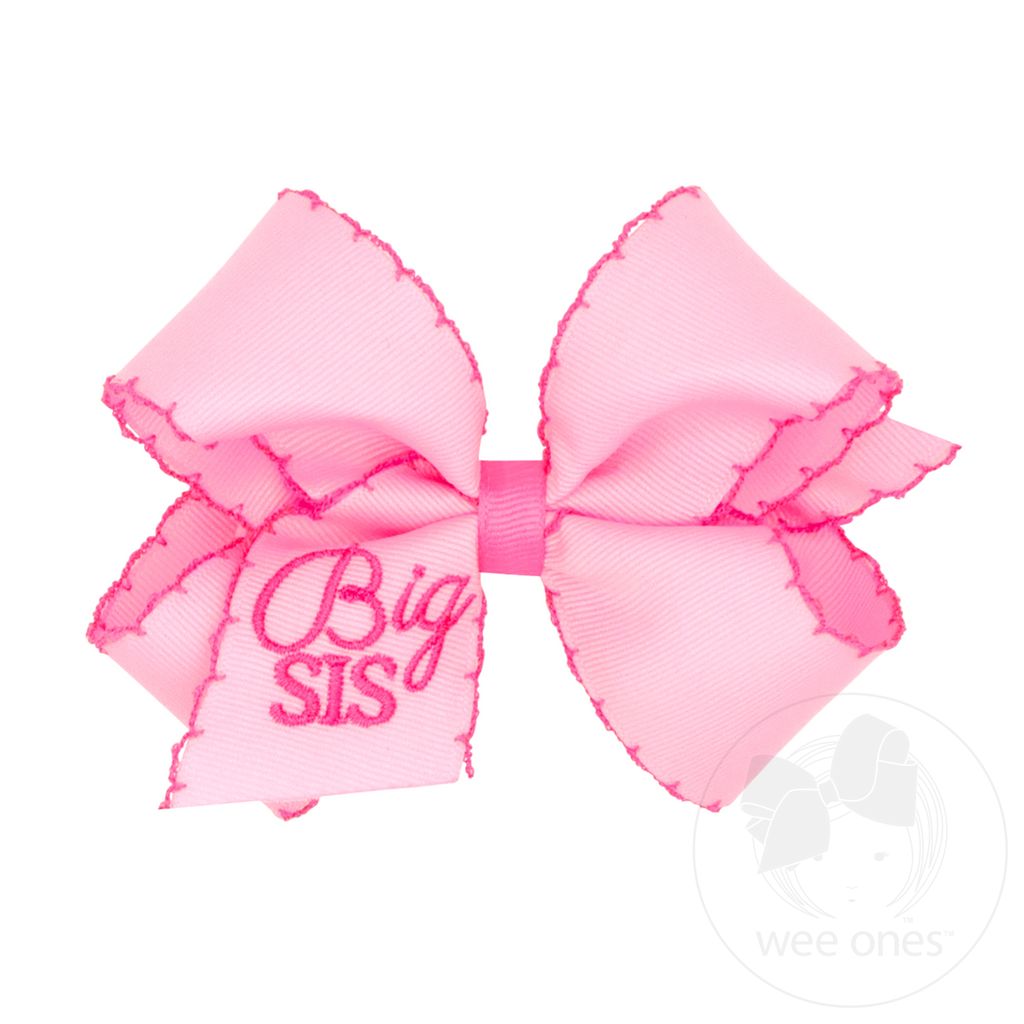 Medium Pink Grosgrain Hair Bow with Hot Pink Moonstitch Edge and Big Sis Embroidery - BIG