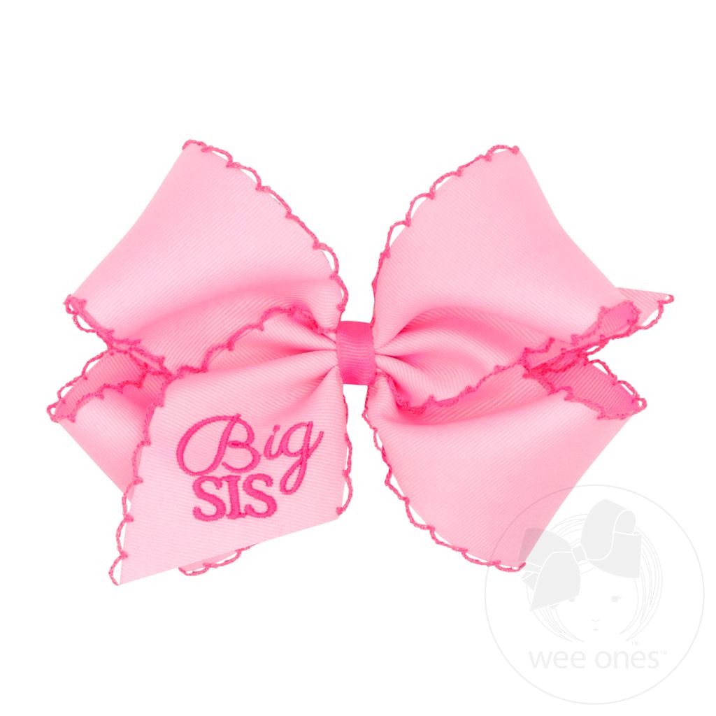 King Pink Grosgrain Hair Bow with Hot Pink Moonstitch Edge and Big Sis Embroidery - BIG