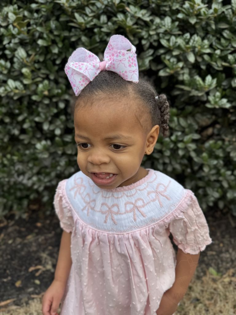 Medium Moonstitch Hair Bow in Pink Bow and Flower Print