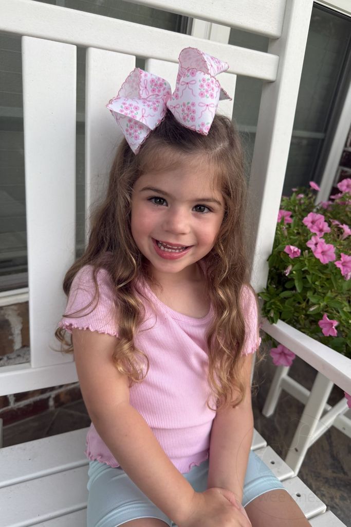 King Moonstitch Hair Bow in Pink Bow and Flower Print