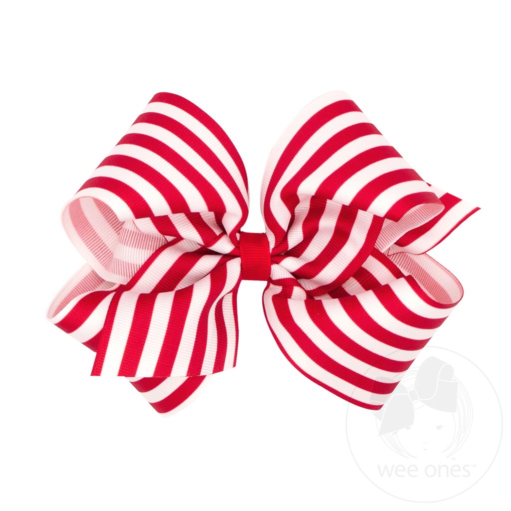 King Nautical Stripe Print Grosgrain Hair Bow - RED