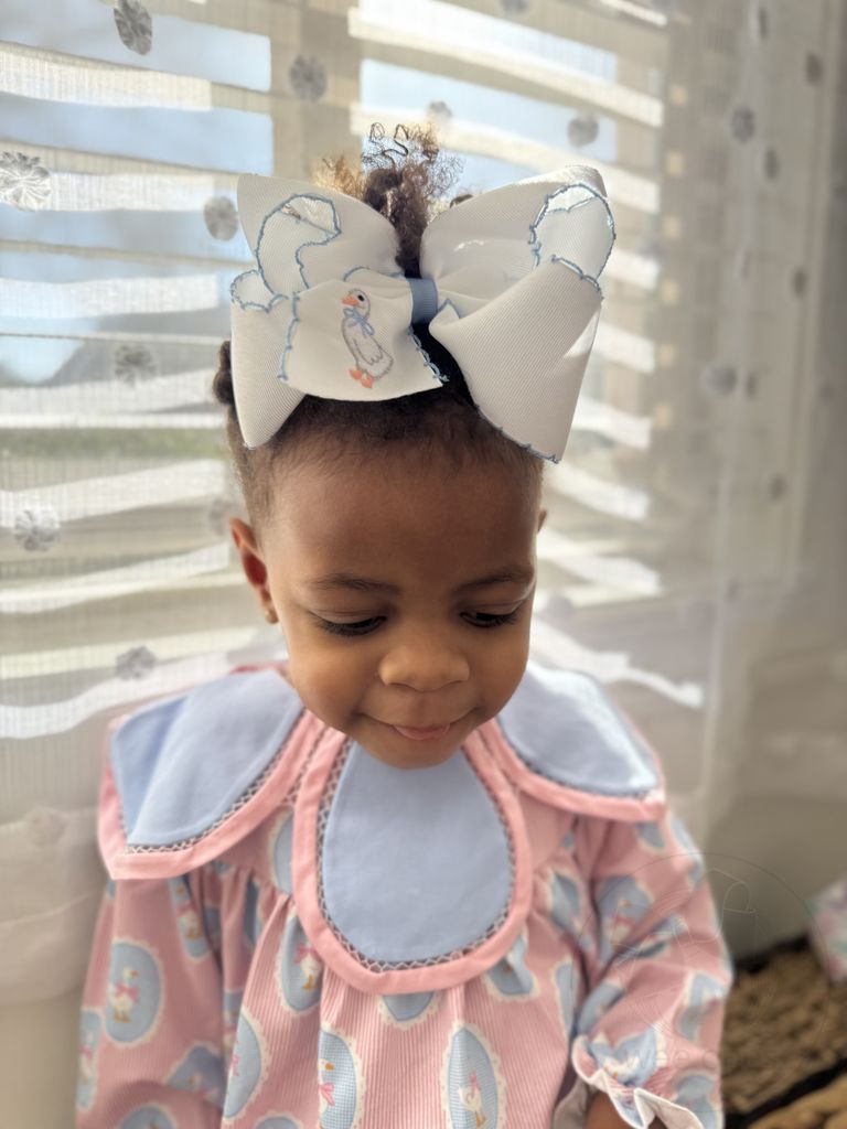 King Moonstitch Grosgrain Hair Bow with Easter-Inspired Embroidery