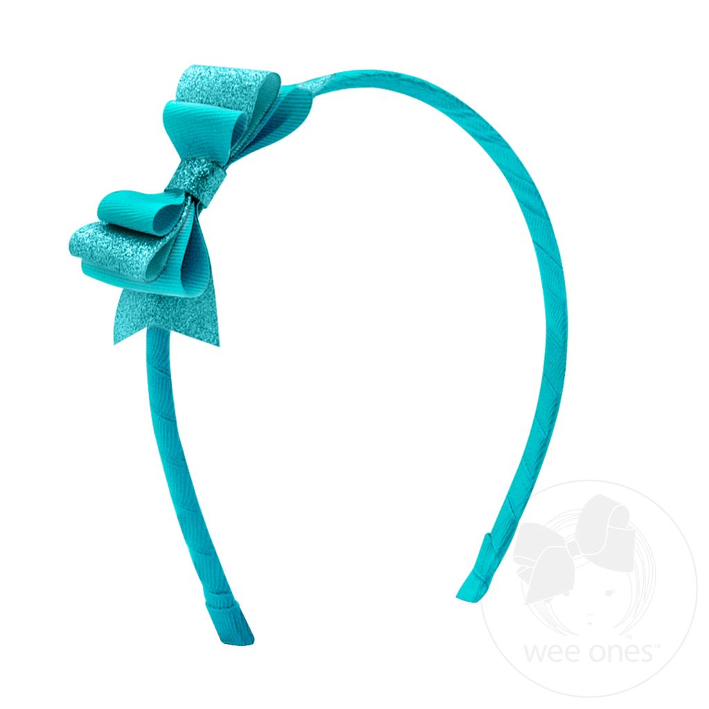 Layered Glitter Vinyl and Grosgrain Bowtie on Matching Wrapped Headband - BLUE LAGOON