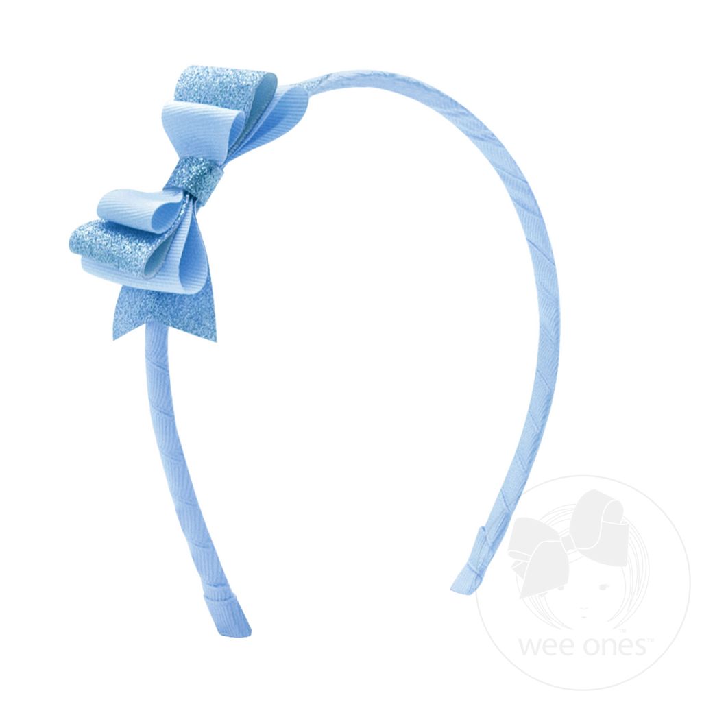 Layered Glitter Vinyl and Grosgrain Bowtie on Matching Wrapped Headband - BLUE