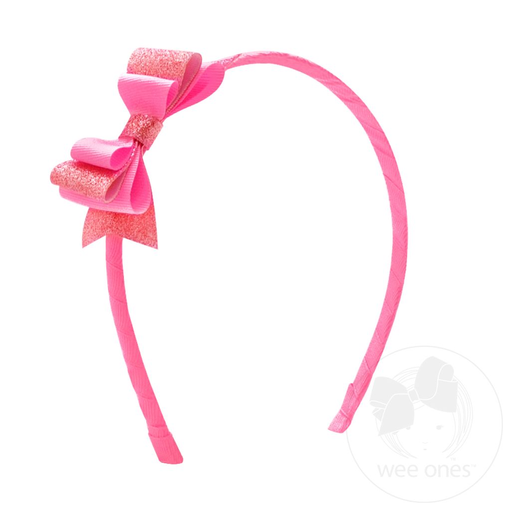 Layered Glitter Vinyl and Grosgrain Bowtie on Matching Wrapped Headband - HOT PINK
