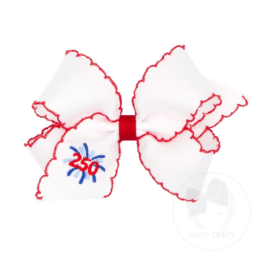 Medium Americana 250 Embroidery on Moonstitch Edge Hair Bow - AMERICANA 250