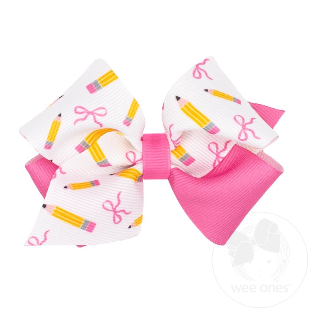 Extra Small Back to School Colorblock Pencil Print Hair Bow - PENCIL
