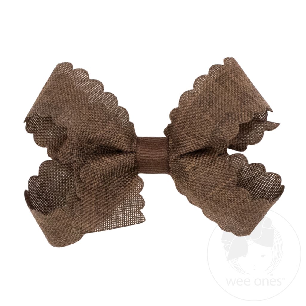 Mini Linen Scalloped Edge Hair Bow - BROWN
