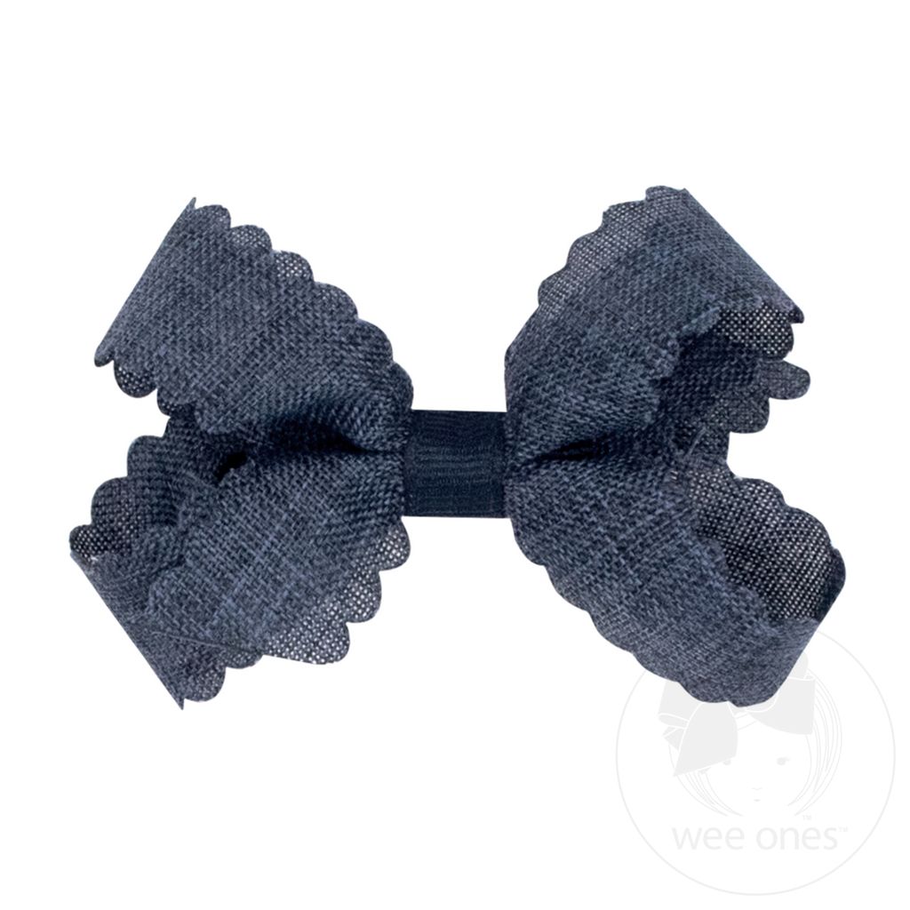 Mini Linen Scalloped Edge Hair Bow - DENIM