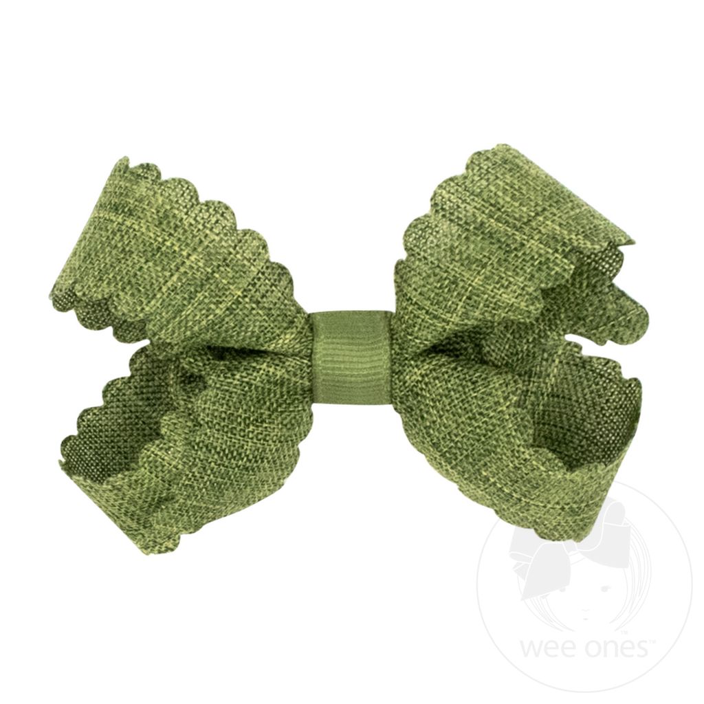 Mini Linen Scalloped Edge Hair Bow - MOSS