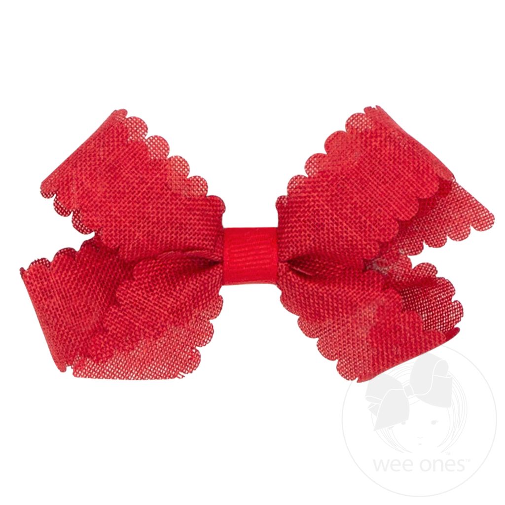 Mini Linen Scalloped Edge Hair Bow - RED