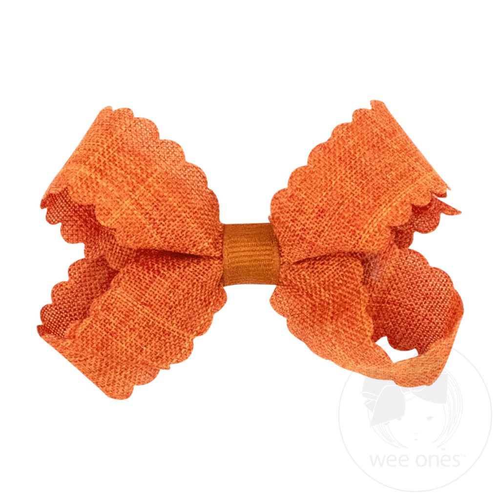 Mini Linen Scalloped Edge Hair Bow - RUST