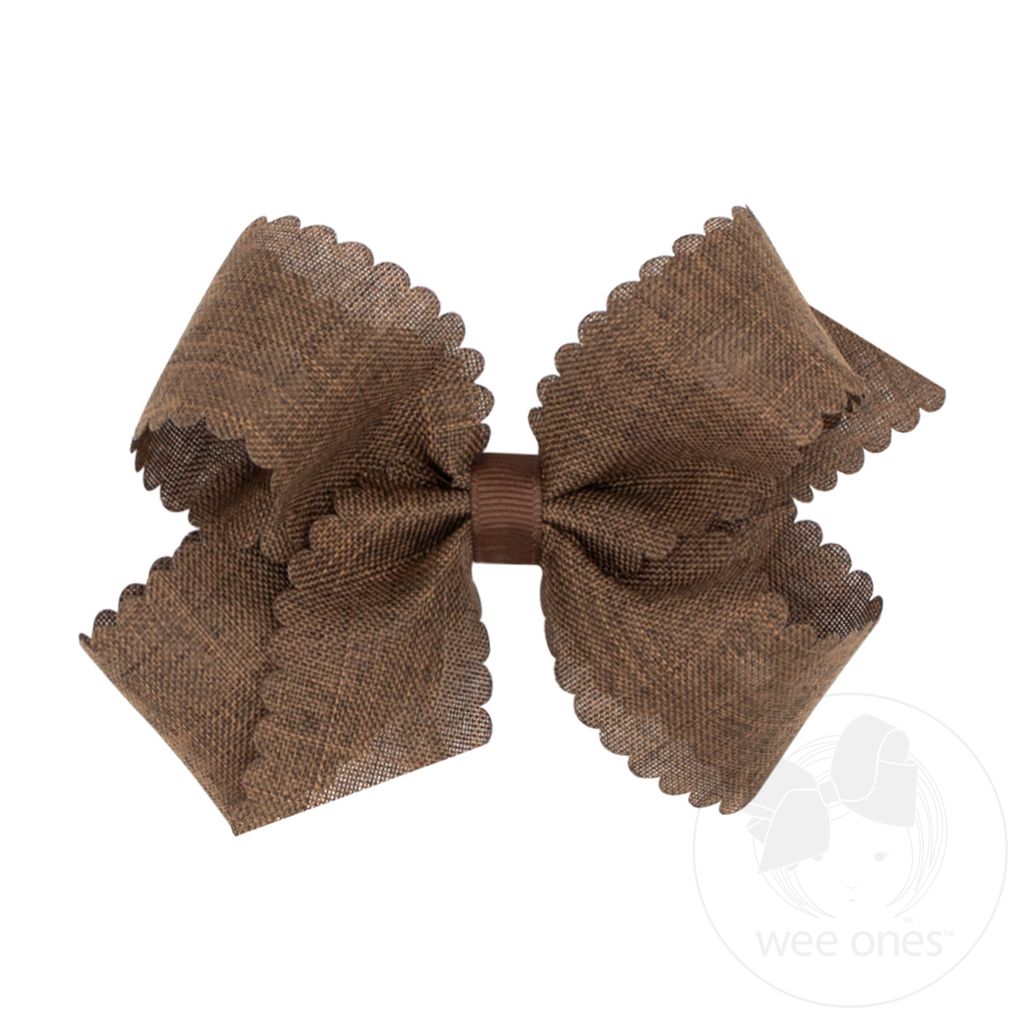 Medium Linen Scalloped Edge Hair Bow - BROWN