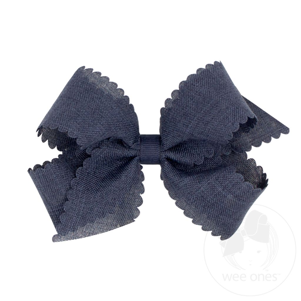 Medium Linen Scalloped Edge Hair Bow - DENIM