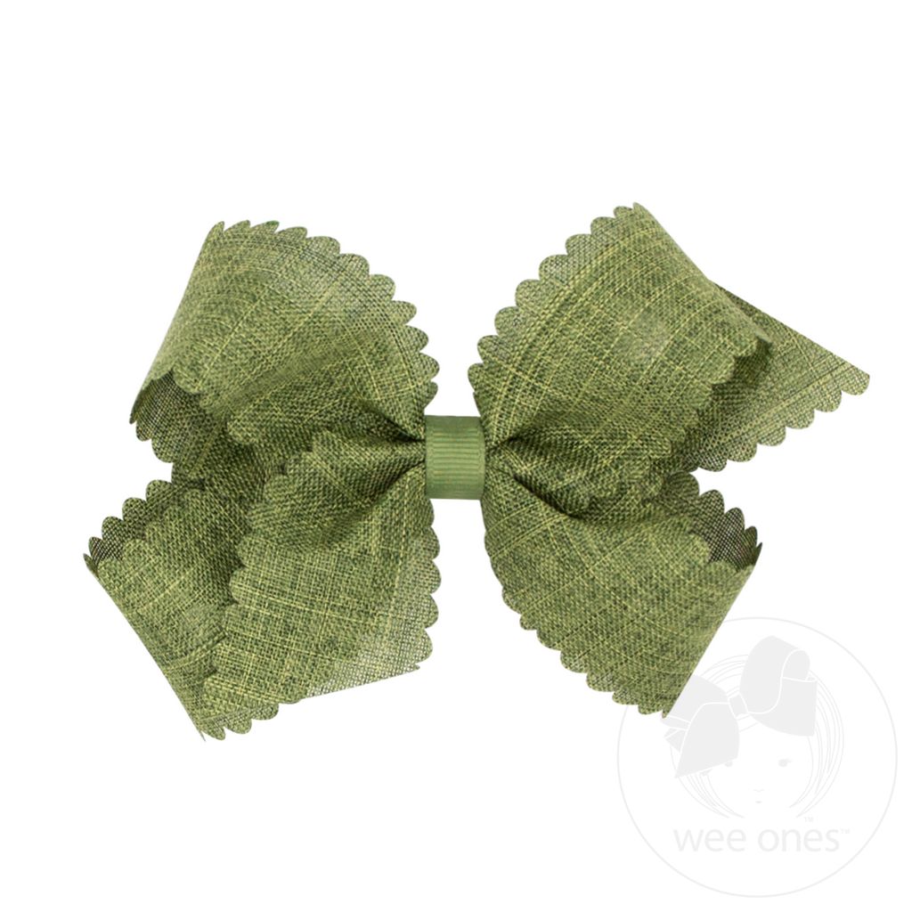 Medium Linen Scalloped Edge Hair Bow - MOSS