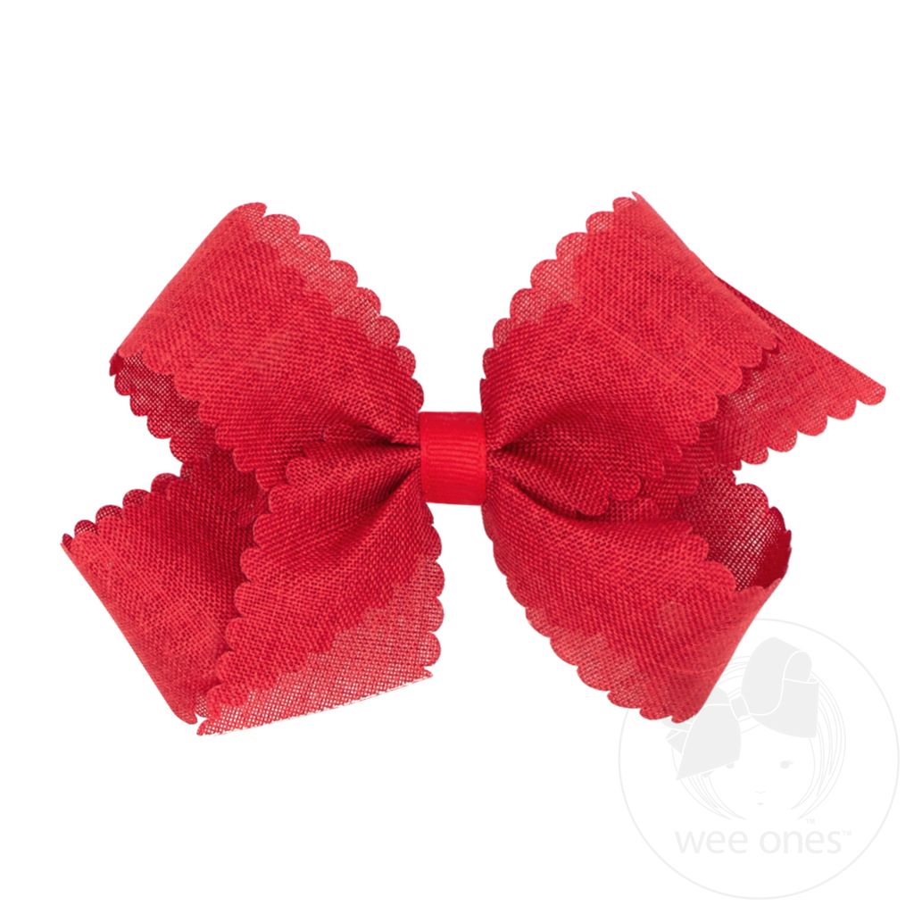 Medium Linen Scalloped Edge Hair Bow - RED