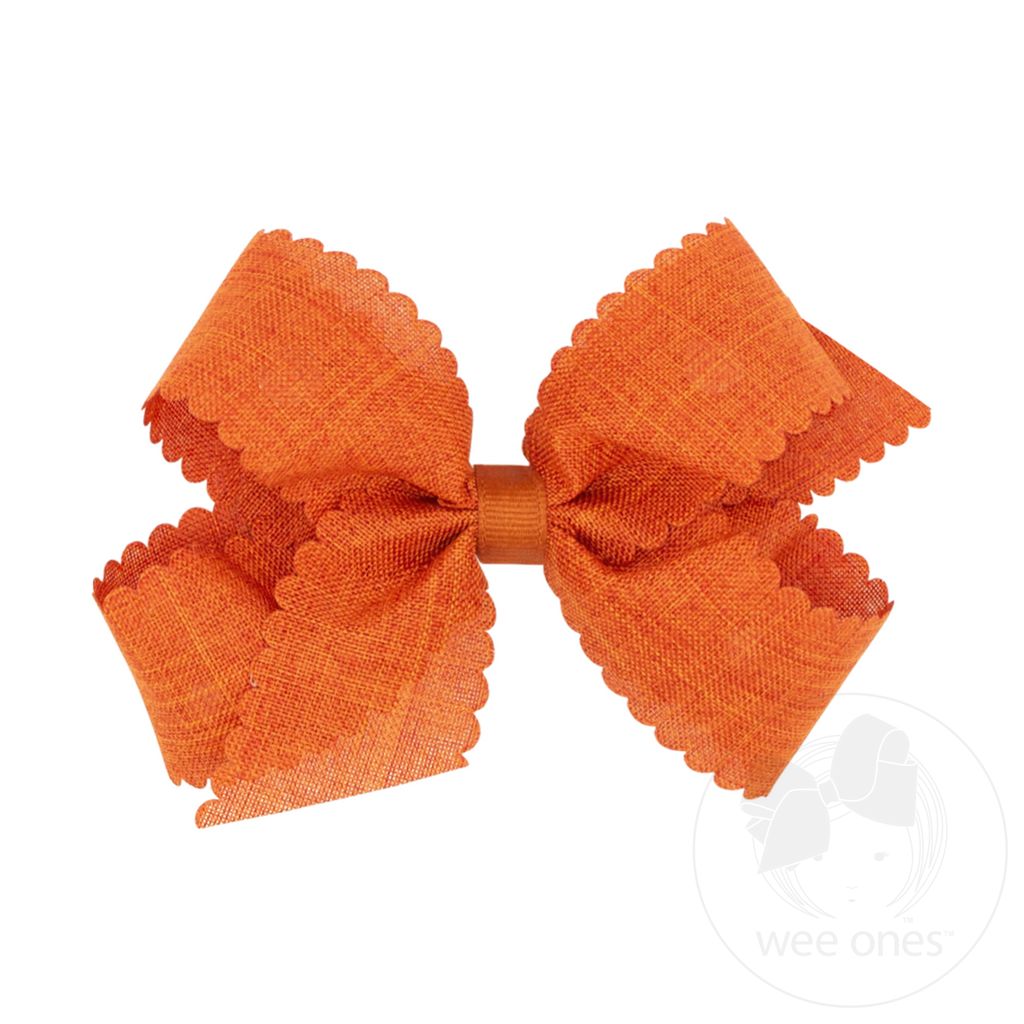 Medium Linen Scalloped Edge Hair Bow - RUST