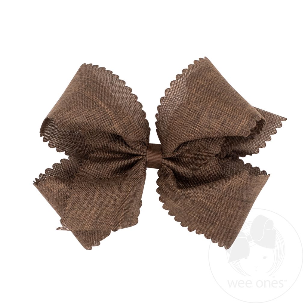 Medium Linen Scalloped Edge Hair Bow - BROWN
