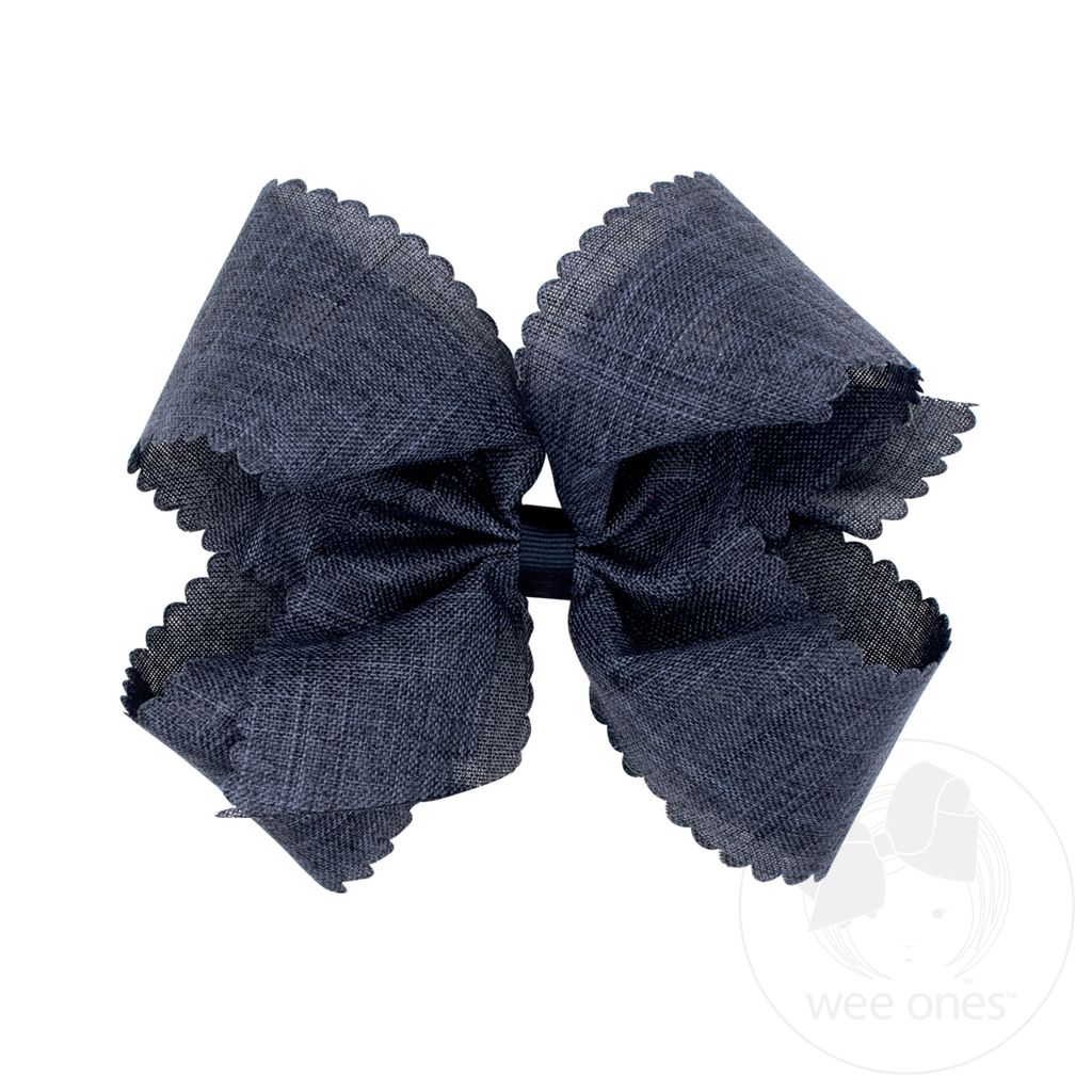 Medium Linen Scalloped Edge Hair Bow - DENIM
