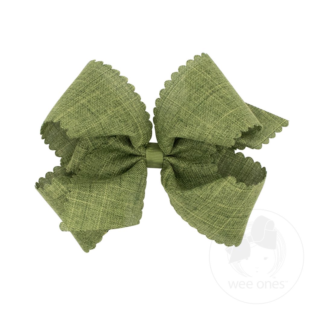 Medium Linen Scalloped Edge Hair Bow - MOSS