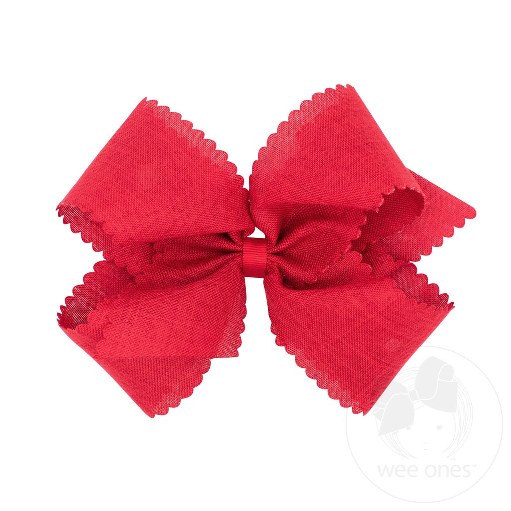 Medium Linen Scalloped Edge Hair Bow - RED