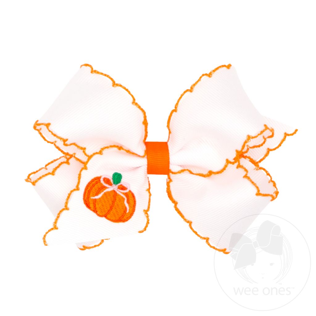 Medium Harvest Pumpkin Embroidery Moonstitch Hair Bow - PUMPKIN