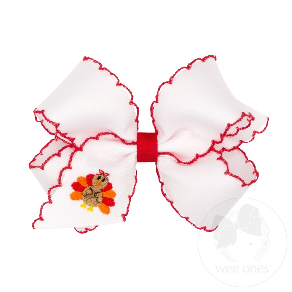 Medium Harvest Turkey Embroidery Moonstitch Hair Bow - TURKEY