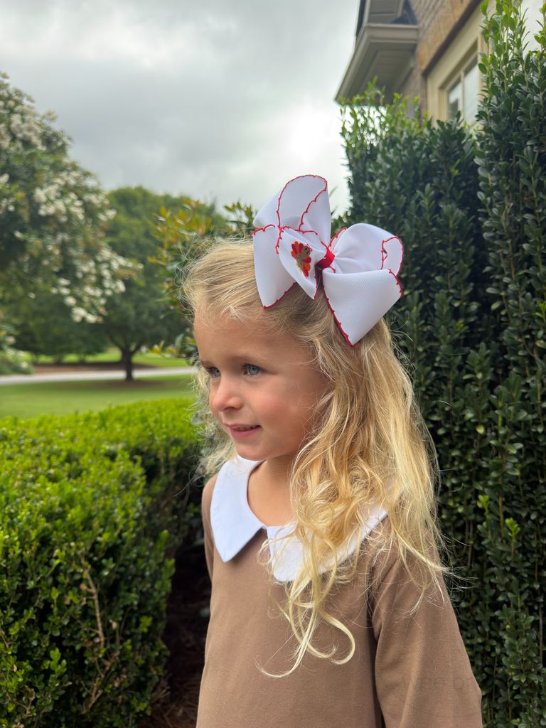 King Harvest Turkey Embroidery Moonstitch Hair Bow
