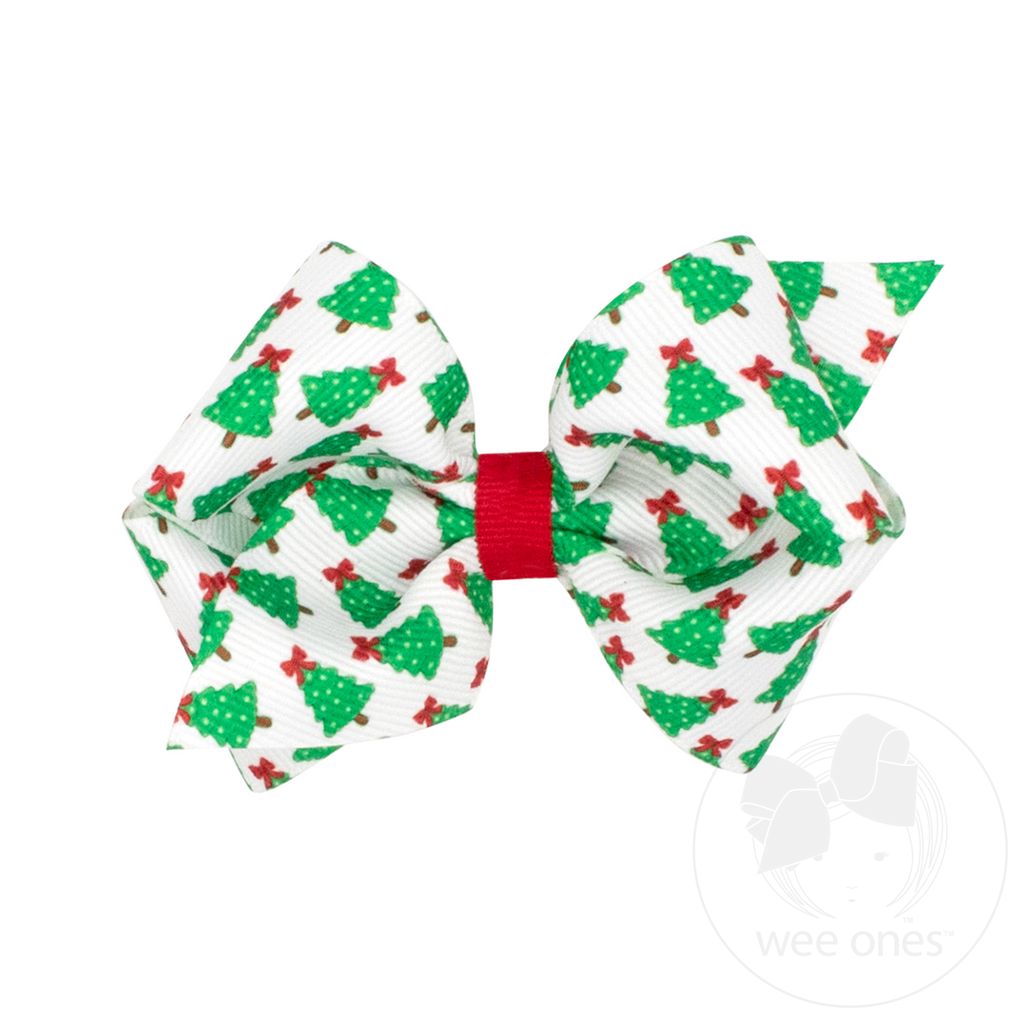 Extra Small Christmas Tree Print Hair Bow - TREE