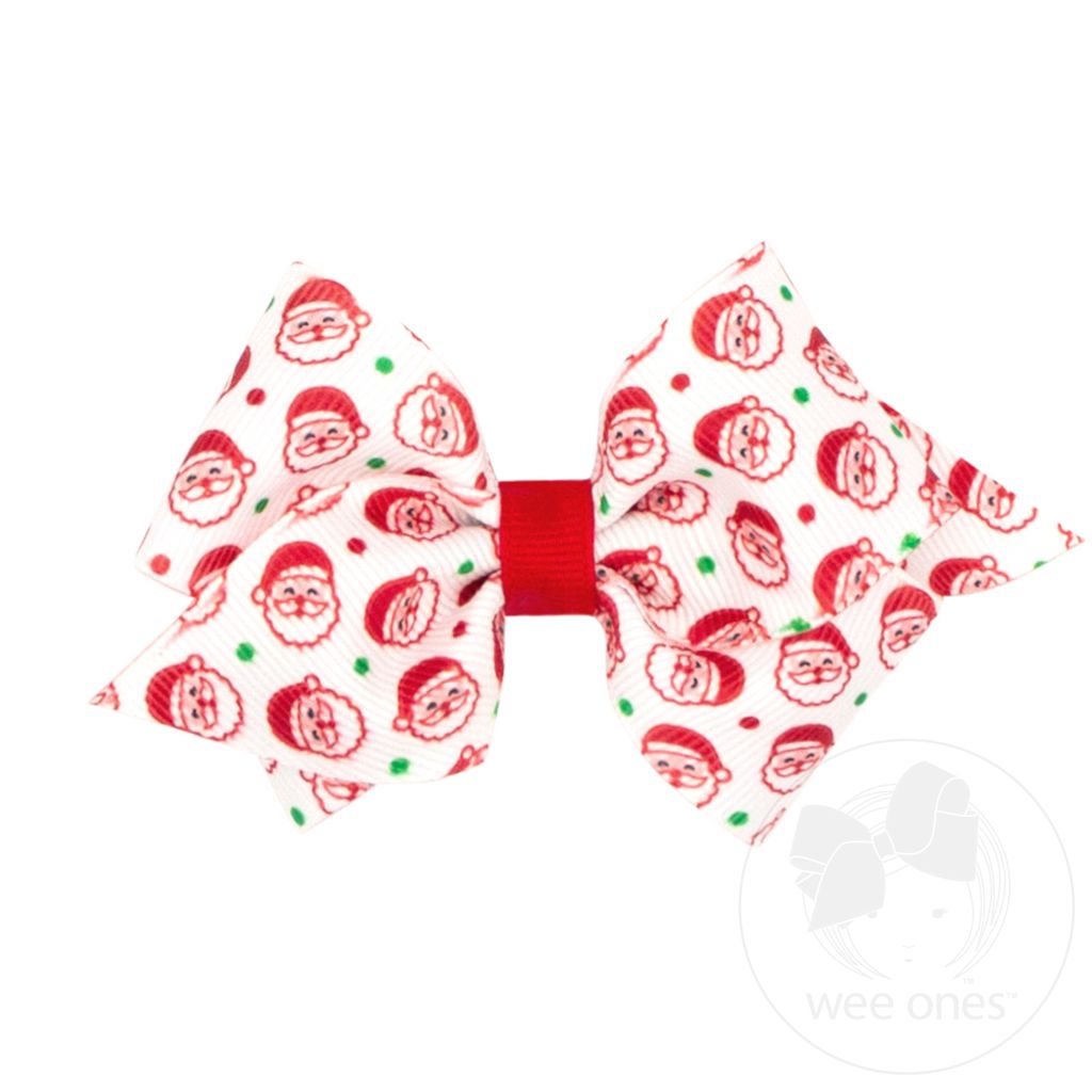Extra Small Santa Print Christmas Hair Bow - WHITE SANTA