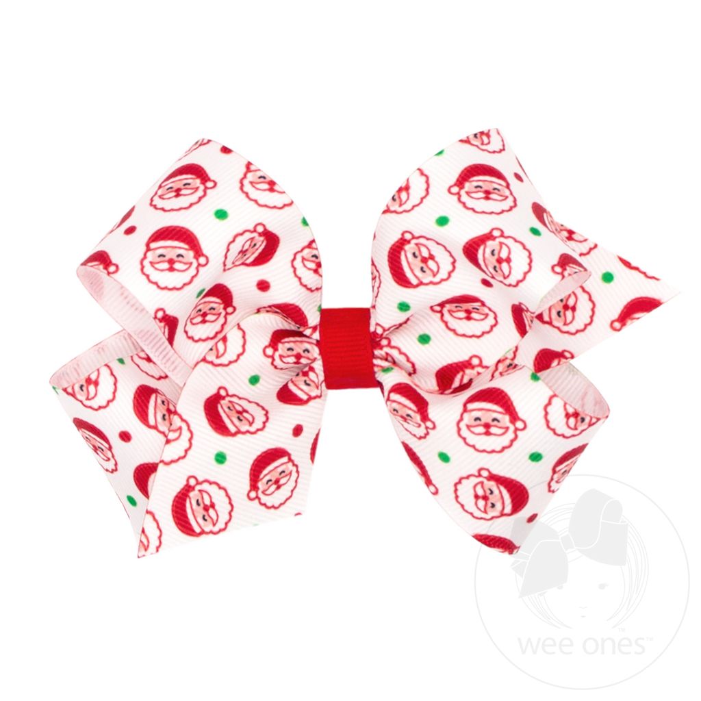 Medium Santa Print Christmas Hair Bow - WHITE SANTA