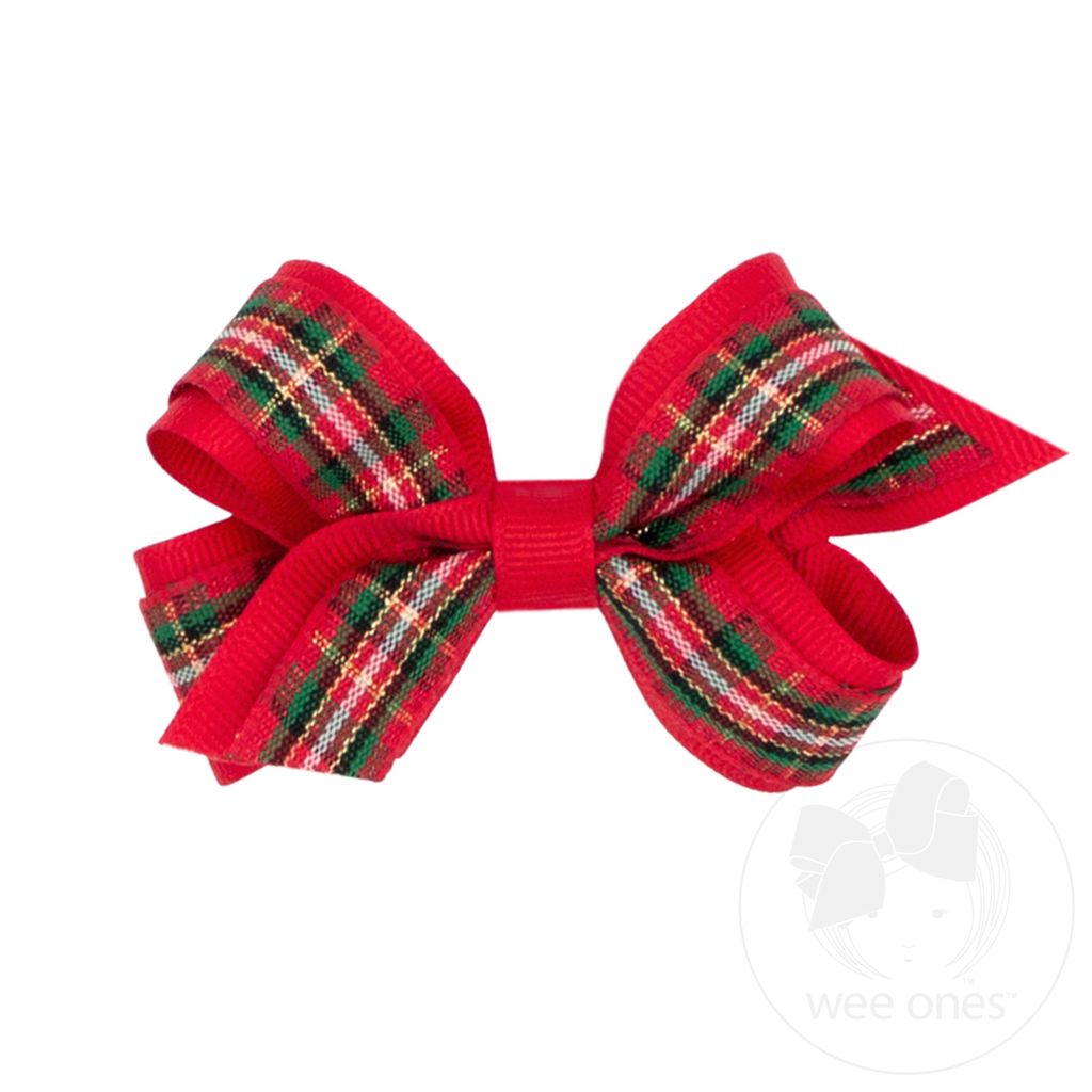 Mini Christmas Plaid Hair Bow - RED