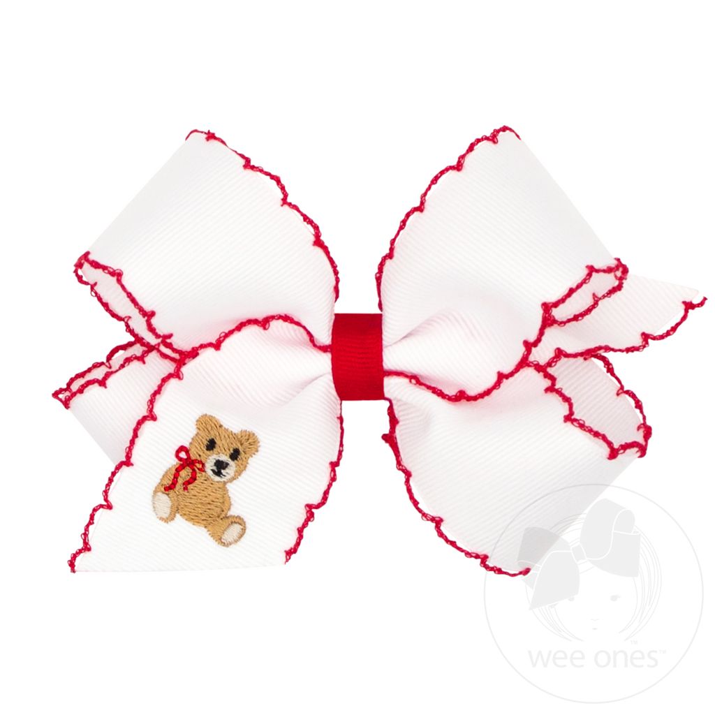 Medium Moonstitch Teddy Bear Embroidered Hair Bow - BEAR